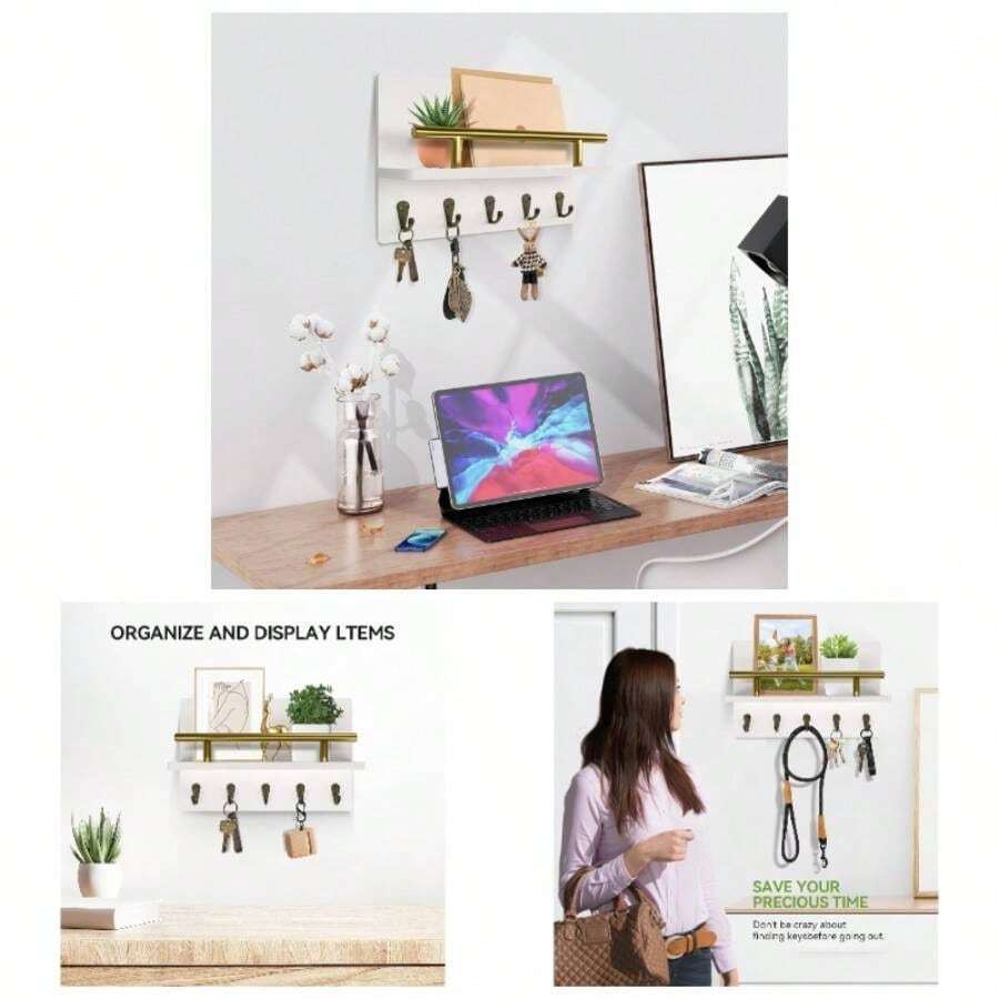 Key Holder Wall Mount, Decorative Key Rack With Shelf 5 Sturdy Hooks, Rustic Key Hooks Wall Mail Organizer Hanging Dog Leash, Glasses, Wooden Key Hanger With Mounting Hardware - 白色+10.6英寸 - 查看 1