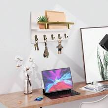 Key Holder Wall Mount, Decorative Key Rack With Shelf 5 Sturdy Hooks, Rustic Key Hooks Wall Mail Organizer Hanging Dog Leash, Glasses, Wooden Key Hanger With Mounting Hardware - 白色+10.6英寸 - 查看 10