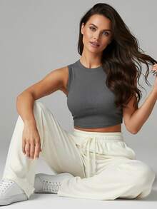 Modern Chic Plain Wide Leg Sweatpants With A Comfortable Structured Fit - 奶油色 - 查看 6