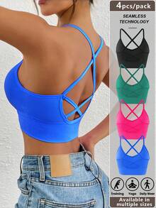 LianShengFa 4 Stück rückenfreie Criss-Cross Träger Wireless High Stretch Alltagsbüstenhalter, mittlerer Halt nahtlose Sporttops, atmungsaktive komfortable Yoga-BHs