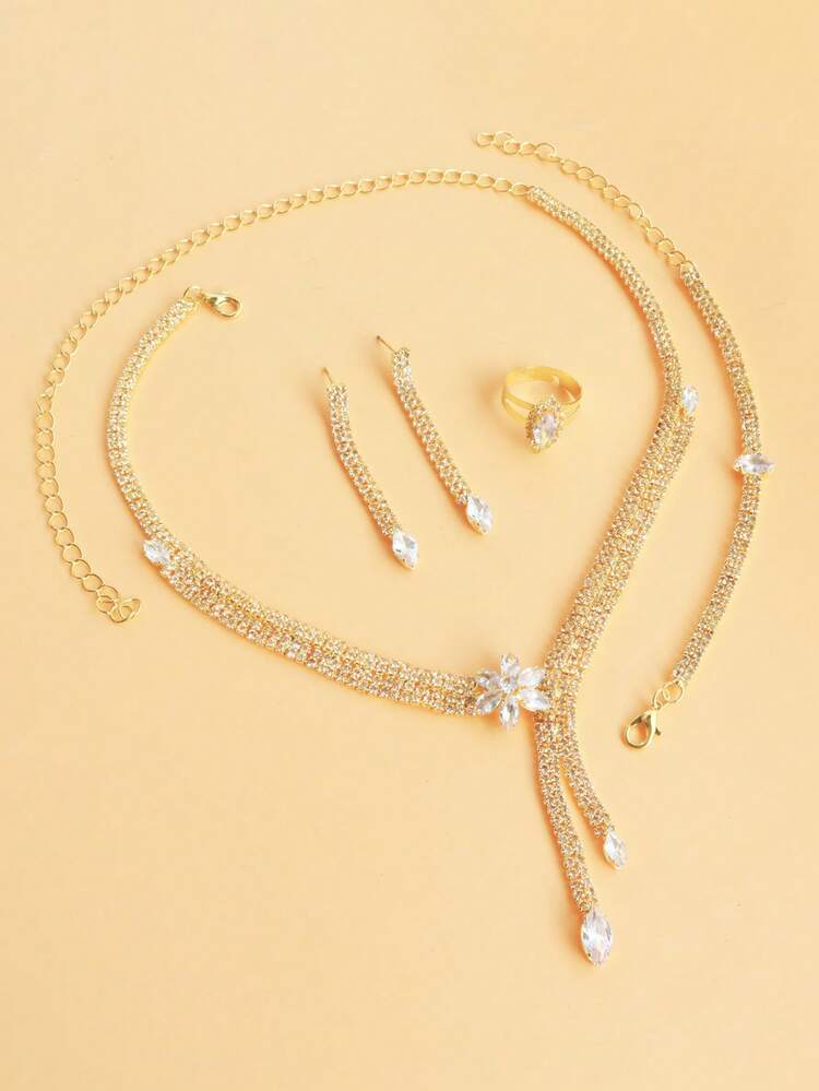 1 Set Of Fashionable And Simple Flower Shaped Cubic Zirconia Necklace Set: The Perfect Bridal Jewelry For An Elegant And Unique Look