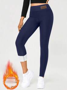 女士加厚保暖打底裤，时尚刺绣logo保暖紧身裤，适合滑雪、户外休闲、运动，是理想的冬季女士裤装。 - 藍色 - 查看 6