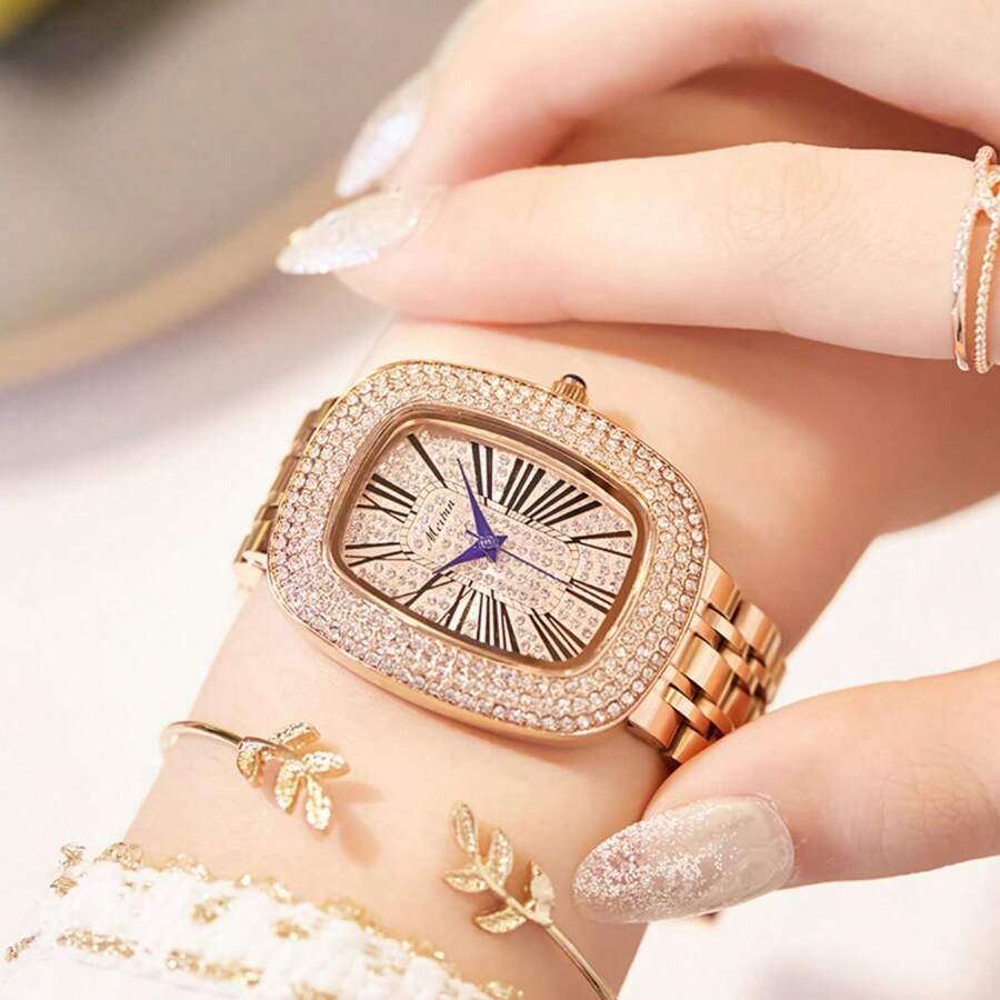 Eine Damenuhr mit goldenem, mit Zirkonia besetztem Gehäuse, Zirkonia-besetztem Zifferblatt, Stahlarmband, modisch und lässig, wasserdicht, ovale Quarzuhr mit Zirkonia-Elementen, geeignet für die tägliche Dekoration