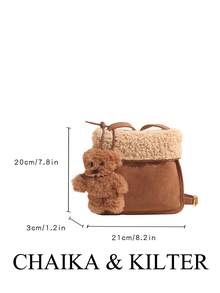 CHAIKA & KILTER 1 件绒面革和羊羔绒拼色单肩包，女士复古时尚方形单肩包，带按扣，可调节肩带，可肩背或斜挎，适合日常和户外使用（与吊坠一起出售） - 卡其色 - 查看 3