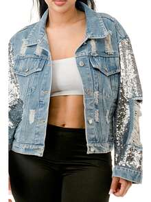 Sequin Sleeve Distressed Denim Crop Jacket  Plain    Elegant  Party    Button Front  Pocket  Contrast Sequin    Vacation - Màu xanh lam - Xem 9