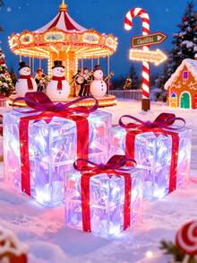 Set Of 3 Christmas 60 LED Lighted Gift Boxes, Transparent Warm White Lighted Christmas Box Decor, Presents Boxes With Red Bows For Christmas Tree, Yard, Home, Christmas Decorations