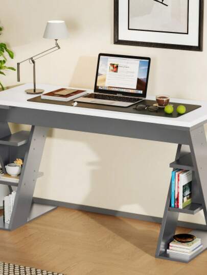 120 50 74 Cm Einfacher Schreibtisch, Schreibtisch Mit Förmiger Halterung, Lagerregal Dry Positionen, Farblich Abgestimmtes In Grau Weiß, Stylish Robust, Wit