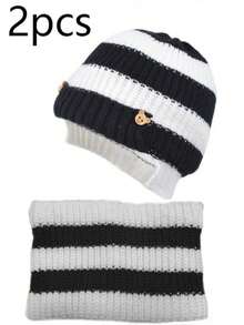 2pcsWinter Color Blocked Thick Warm Knitted Hat Set, Cold Proof Ear Protection Pullover Yarn Hat, Warm Color Blocked Hat Set, Outdoor Cold Proof Ear Protection Pullover Knitted Yarn Hat, Suitable For Boys And Girls - Multicolor - View 1