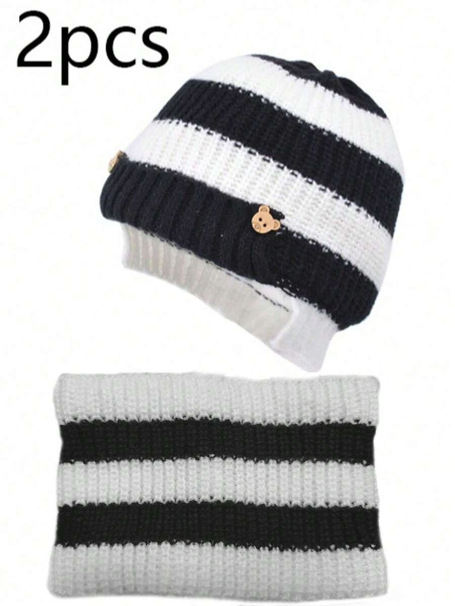 2pcsWinter Color Blocked Thick Warm Knitted Hat Set, Cold Proof Ear Protection Pullover Yarn Hat, Warm Color Blocked Hat Set, Outdoor Cold Proof Ear Protection Pullover Knitted Yarn Hat, Suitable For Boys And Girls - Multicolor - View 1