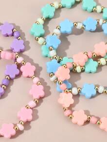 7pcs Colorful Acrylic 5-Petal Flower, Heart, Star Beaded Stretch Bracelet Set, Random Color, Suitable For Girls Daily Wear