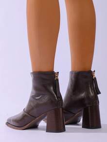 秋冬季方头粗跟都市时尚踝靴，时尚百搭，通勤必备，柔软舒适，无鞋底 - 深棕色 - 查看 5