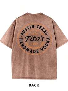 1pc   Summer Outfits  Valentine's Day 230g Washed And Used T-Shirt, Front Tito's Handmade Vodka Logo, Back With "AUSTIN TEXAS Tito's HANDMADE Vodka" Circular Text And Brand Logo, Tito's Vodka Theme Mens Clothes Graphic Tee - 卡其色 - 查看 7