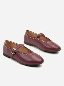 Ballet Flats With A Buckle Strap And Rivet Detailing - Burgundy - View 5