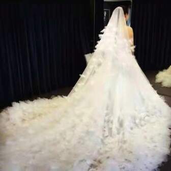 1件波西米亚纯色奢华优雅3D波浪装饰落地长款新娘头纱，婚纱头纱，适合所有季节