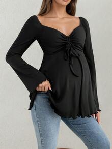 孕妇甜心领罗纹抽绳喇叭下摆钟形袖衬衫