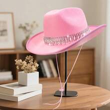 Shiny Rhinestone Cowgirl Hat For Women Solid Color Wide Brim Western Cap With Windproof Rope - Pink - View 5