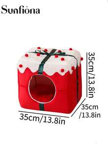 Casa acogedora para mascotas con cojines extraíbles y lavables - Cama para gatos y perros cálida y semi-cerrada para todas las estaciones, de tela suave y duradera, sin necesidad de montaje, diseño clásico de invierno con ribete rojo y blanco, madriguera acogedora para descanso y sueño en interiores, ideal para decoración navideña