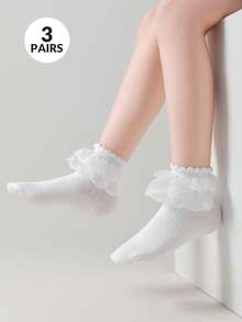 1/3 Pairs Girls White Lace Trim, Cute Ruffle Cuff Breathable Knit Crew Socks, Ins Style Princess Sailor Socks For Spring/Autumn, Suitable For Home, School, Dance, Party, Holiday Gift - Multicolor - View 18