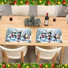 1/4/6pcs Christmas Snowman Wearing Hat & Scarf, Deer, Pine Trees, Snow-Covered Ground, Christmas Ornament Print Decorative Placemats - Multicolor - View 10