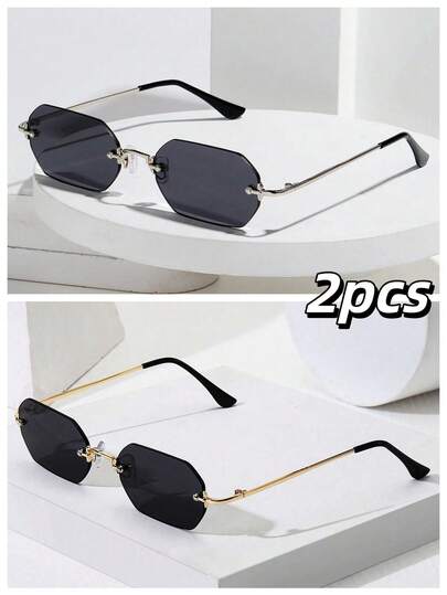 015835340007 2副迷你六边形镜框复古全金属太阳镜，渐变色，适合街头、度假、海滩、日常通勤，经典复古旅行时尚太阳镜（附赠挂绳和清洁布）