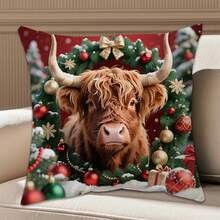 1pc 18" X 18" (45cm X 45cm) Holiday Christmas Cow Print Pillow Case, Single-Sided Print, Suitable For Sofa, Living Room, Bedroom Decoration, Pillow Insert Not Included - Multicolor D - View 5