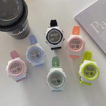 1pc Round White & Sky Blue Contrast Color Soft Plastic Strap Men's Watch, With Week Alarm Date Chronograph Luminous Digital Electronic Watch Suitable For Casual, Campus Life And Light Sports