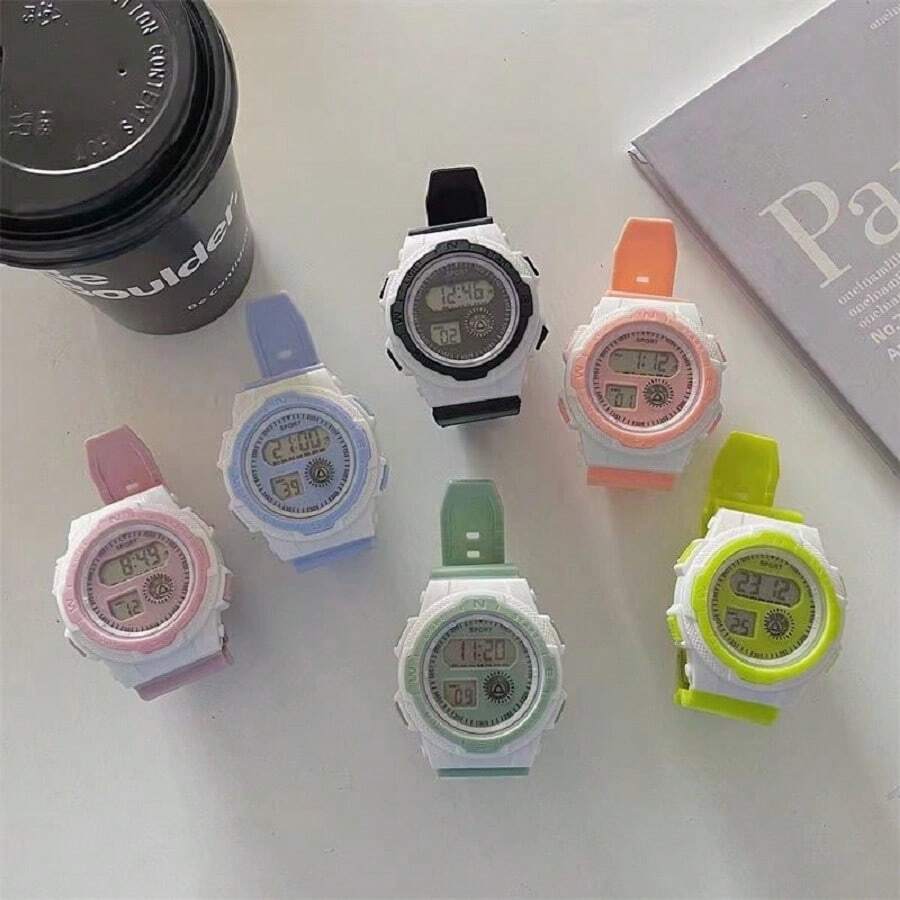 1pc Round White & Sky Blue Contrast Color Soft Plastic Strap Men's Watch, With Week Alarm Date Chronograph Luminous Digital Electronic Watch Suitable For Casual, Campus Life And Light Sports