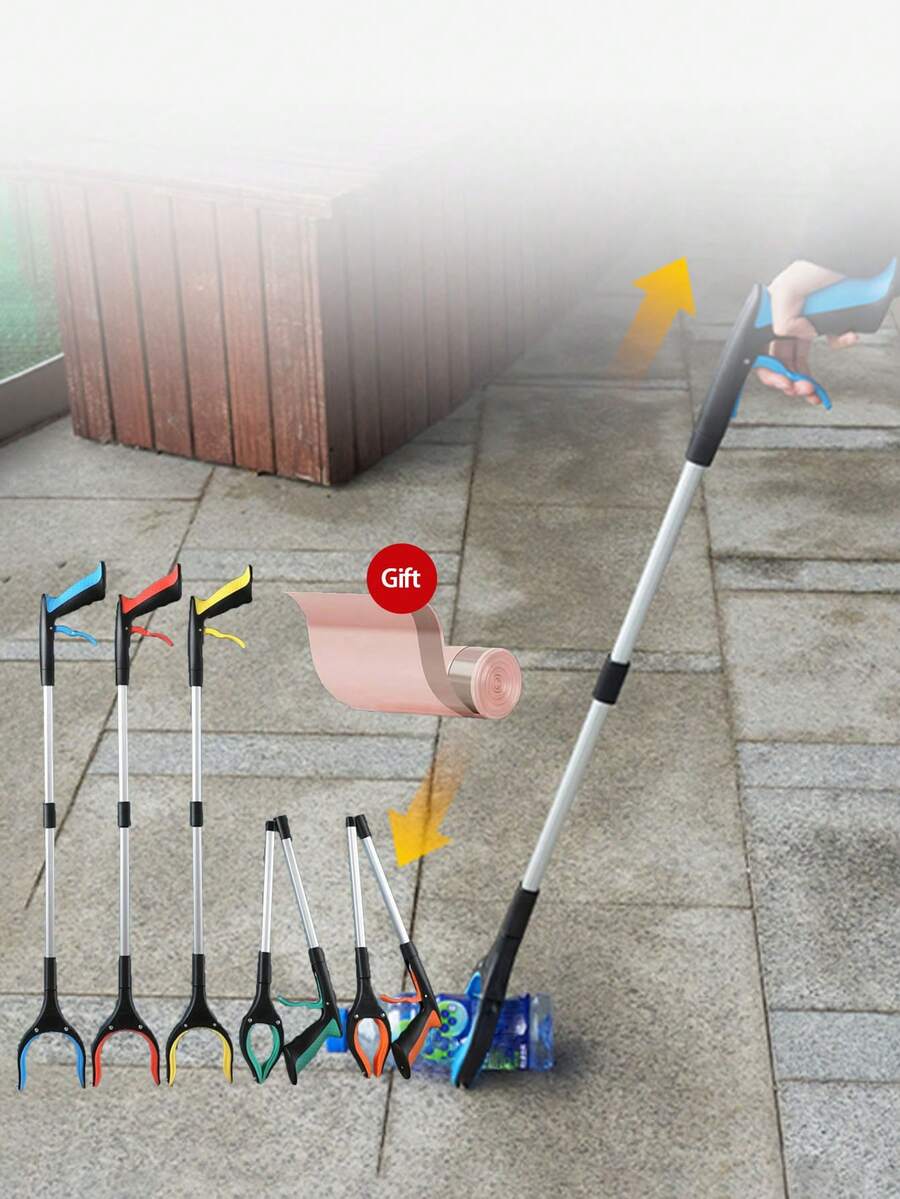1pc (Random Color) Foldable Trash Picker, Aluminum Alloy Litter Tongs, Sanitation Pliers, Garbage Collection Tool, Long Grabber With Foldable Clamp, Comes With Trash Bags