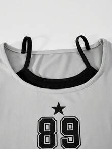 مجموعة كاجوال للبنات 2 قطعة، طباعة رقمية، ملابس علوية بياقة مربعة بدون أكمام مع بنطلون أبيض مخطط، مناسبة للربيع والخريف والشتاء للخروج اليومي والسفر - رمادي - مشاهدة 6