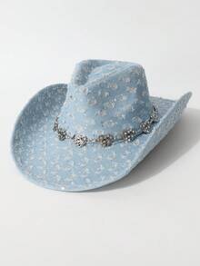 1pc Women's Fashionable Sequin Vintage Distressed Ombre Heart Chain Decor Denim Cowboy Hat, Fedora, Versatile Jazz Hat, Suitable For Parties, Western Themed Events, Gatherings, Cosplay, Graduation, Masquerade, Festivals, Birthday Celebrations, Music Festivals, Daily Wear