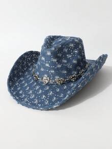 1pc Women's Fashionable Sequin Vintage Distressed Ombre Heart Chain Decor Denim Cowboy Hat, Fedora, Versatile Jazz Hat, Suitable For Parties, Western Themed Events, Gatherings, Cosplay, Graduation, Masquerade, Festivals, Birthday Celebrations, Music Festivals, Daily Wear