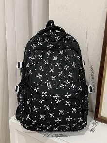 Fashion Rose Print Women's Backpack, Multi-Pocket Design, Thick Student Backpack, Waterproof Backpack, With Teddy Bear Pendant Accessory, Large Capacity - Black - View 2