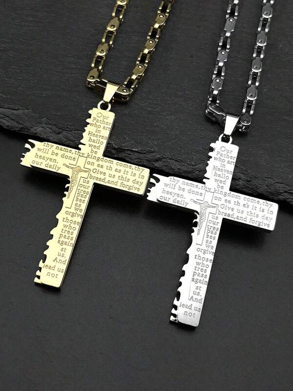 Collier pendentif croix avec la prière du Seigneur, Bible chrétienne en anglais. Collier de crucifix Jésus en acier inoxydable pour femmes et hommes