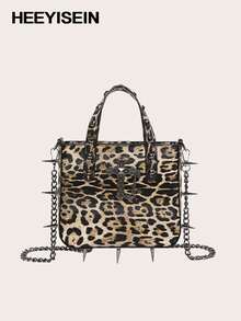 HEEYISEIN-Damen Y2K Leopard Nieten Schnallen Schultertaschen Punk Doppelriemen Clutch Geldbörsen