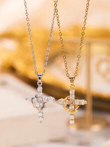1pc Elegant Sparkling Crown & Cross Stainless Steel Pendant Necklace,Versatile Luxury Style For Girls,Suitable For Party, Festival, Daily Wear, Perfect Gift For Friends