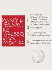 1张复古“Mangia Bene”意大利海报 - 红色厨房/餐厅装饰，印有“Eat Well”（好好吃饭）字样 - 中世纪现代意大利餐厅艺术 - 帆布印刷品，适用于客厅、卧室、家庭办公室 - 无需画框，厨房墙面装饰，复古设计，无框艺术品 - 彩色 - 查看 5