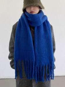 1pc Solid Color Scarf, Winter Warm Neck, Thickened Knitted Thick Fringed Shawl, Can Be Worn - Royal Blue - View 6