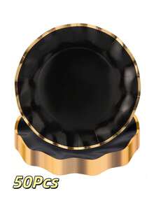 10/30/50 件全新波浪形黑色和金色纸盘 - 7.25 英寸甜点盘、9 英寸午餐盘和 10.25 英寸晚餐盘黑色一次性盘子，带金色边缘 - 适合派对、新年、生日、毕业典礼和父亲节 - 黑色 - 查看 8