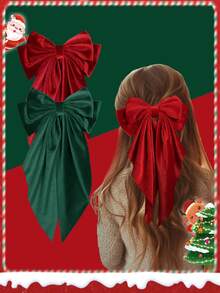 2 piezas Lazo grande de terciopelo navideño con cola larga, pasador de pelo con moño para niñas, sujetador de cola de caballo, accesorios para el cabello para niñas, regalos de Navidad para niñas, fácil de usar (rojo y verde oscuro) - Multicolor - Ver 1