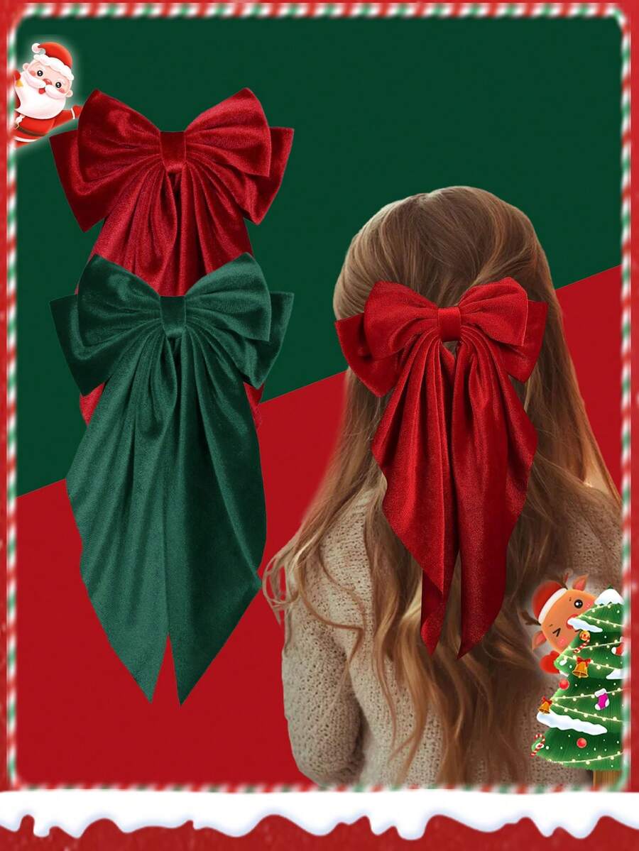 2 piezas Lazo grande de terciopelo navideño con cola larga, pasador de pelo con moño para niñas, sujetador de cola de caballo, accesorios para el cabello para niñas, regalos de Navidad para niñas, fácil de usar (rojo y verde oscuro) - Multicolor - Ver 1