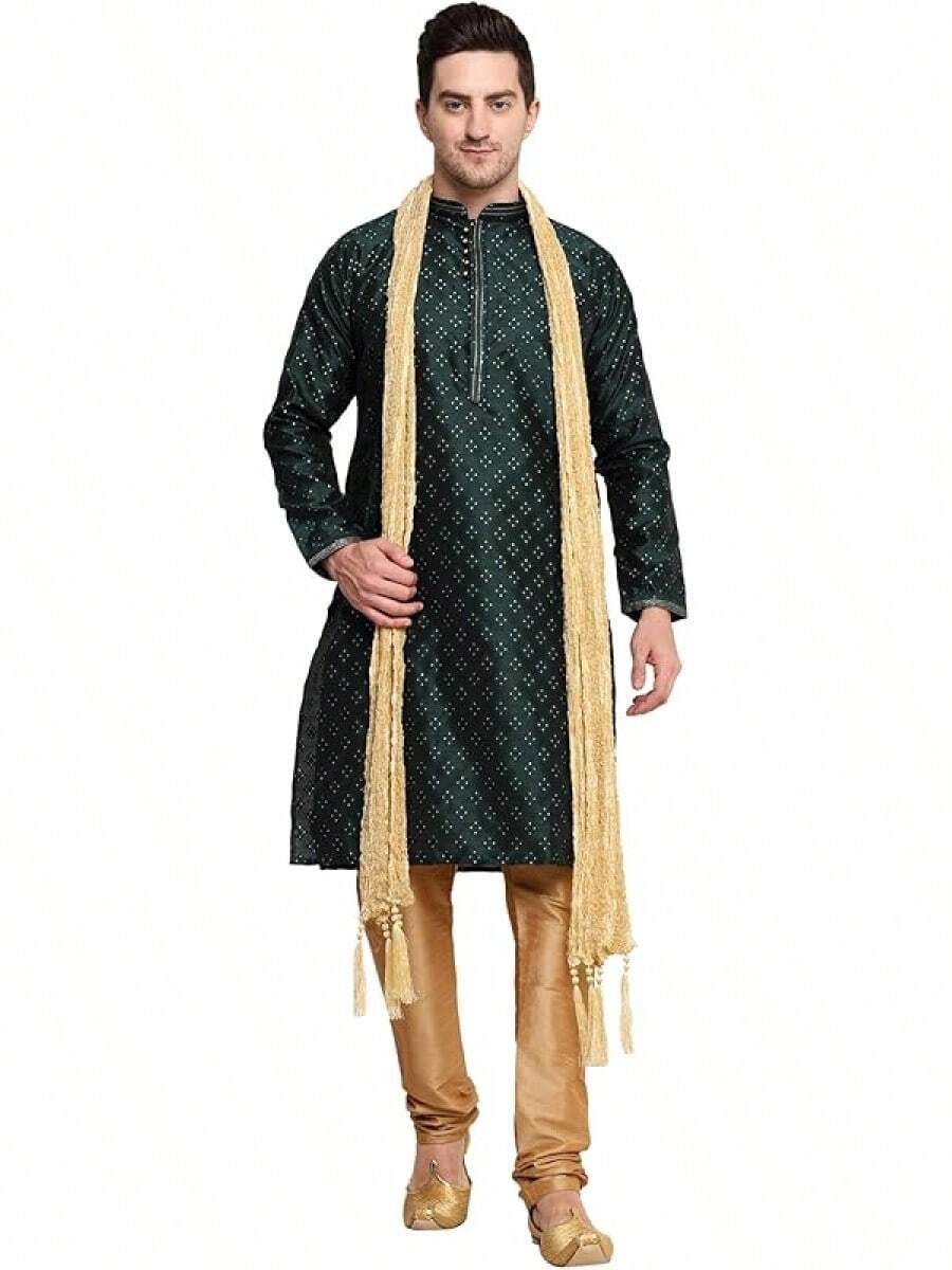 Men's Tunic Art Silk Kurta Pajama Pyjama Dupatta Set With Embroidery Zari Work  Clothing Dress Gifts Itemshalloween - 綠色 - 查看 1
