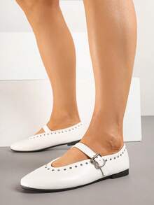 Ballet Flats With A Buckle Strap And Rivet Detailing - White - View 2