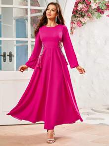 UNITHORSE 优雅纯色长袖连衣裙，侧边交叉系带腰身 - 玫紅色 - 查看 4