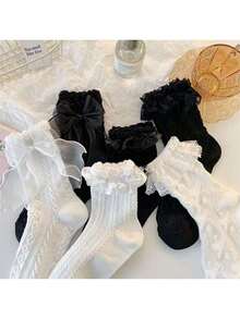 6pairs Women Bow Decor Fashion Crew Socks For Daily Life