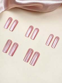 24Pcs Y2K Style Nails Long Square Press On Nails Blue And White Grid French Tip Glossy Full Cover Fake Nails 3D White Rhinestone&Metal Cross Fashion Style False Nails For Women And Girls - Includes Nail File & Jelly Adhesive Nail Supplies Nails - 玫瑰金 - 查看 5