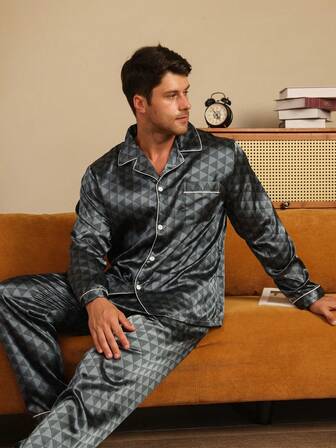 2pcs Men's Satin Button-Up Geometric Plaid Pajama Set, Long Sleeve Shirt And Pants Loungewear, Winter Clothes