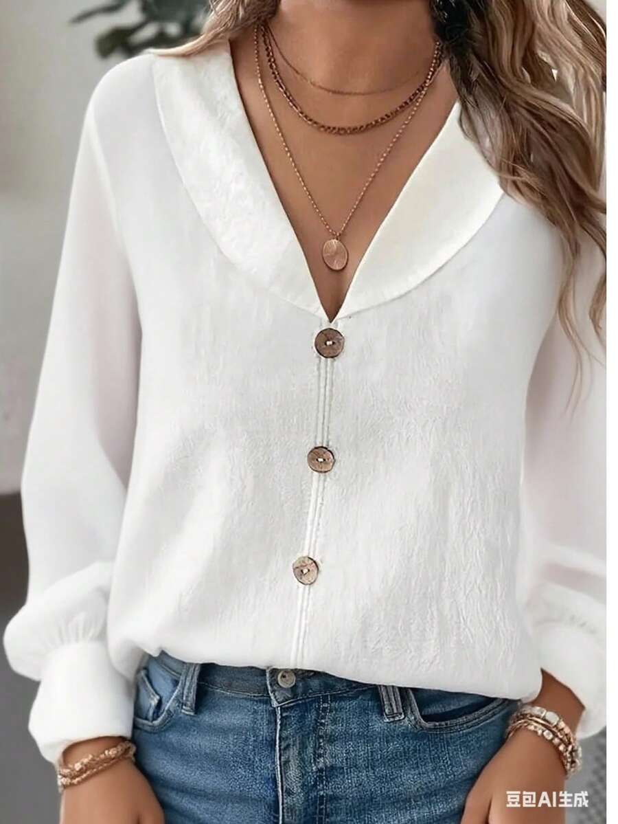 Women's Polyester V-Neck Button Front Long Sleeve Regular Blouse, White Top Spring - White - View 1