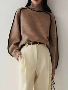 New Fall Casual Color Block Turtleneck Knit Sweater Long Sleeve Top, Back To School - Khaki - View 3