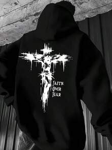 Men's Faith Over Fear Christian Hoodie - Lightweight Fleece Pullover Sweatshirt With Jesus Cross Back Print,  Pocket, Machine Washable, Spring/Fall Casual Church Apparel, Inspirational Religious Clothing, Black Round Neck Long Sleeve Hooded Sweatshirt For Adults, Classic Style, Durable Fabric, Casual Attire,Fall Hoodies,Men's Fall Clothes,Street Wear,Halloween,Mens Hoodies,Y2k Clothes,Jesus Hoodie,Thanksgiving Day,Nightmare Before Christmas,Christmas - Black - View 1