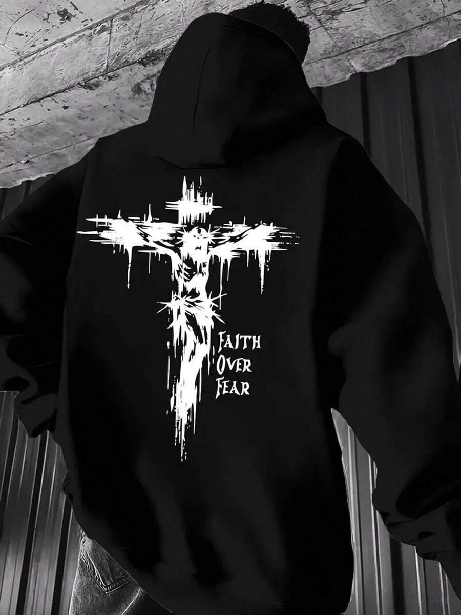 Men's Faith Over Fear Christian Hoodie - Lightweight Fleece Pullover Sweatshirt With Jesus Cross Back Print, Pocket, Machine Washable, Spring/Fall Casual Church Apparel, Inspirational Religious Clothing, Black Round Neck Long Sleeve Hooded Sweatshirt For Adults, Classic Style, Durable Fabric, Casual Attire,Fall Hoodies,Men's Fall Clothes,Street Wear,Halloween,Mens Hoodies,Y2k Clothes,Jesus Hoodie,Thanksgiving Day,Nightmare Before Christmas,Christmas - Black - View 1
